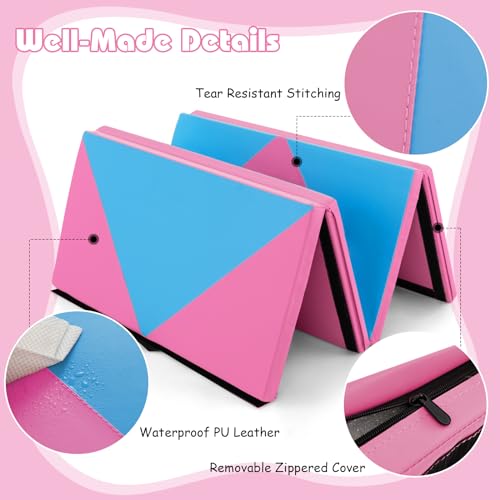 Goplus Gymnastics Mat, Folding Tumbling Mat with Carry Handles, Hook & Loop Fasteners, 4 Panels for Fitness Exercise Yoga Stretching Aerobics Workouts, Thick Gym Mats for Home - color: Blue&Pink