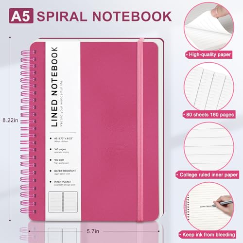 Lined Spiral Journal Notebook with 160 Pages, 8×5.7in, A5 Spiral Notebook, Journaling Notebooks for Work, School, Women, Men, College Ruled Spiral Notebook, Hardcover Leather Journals, Deeppink - color: Raspberry White, size: A5