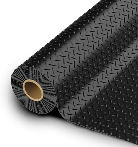 StellarStar 12x20 FT Garage Floor Mat, 2.8mm Thickened PVC Flooring Roll for Under Car, 240 SQFT Diamond Plate Black Garage Mats for Garage, Warehouse, Basement, Factory, Trailer (Include Tapes) - color: Black, size: 12x20 FT