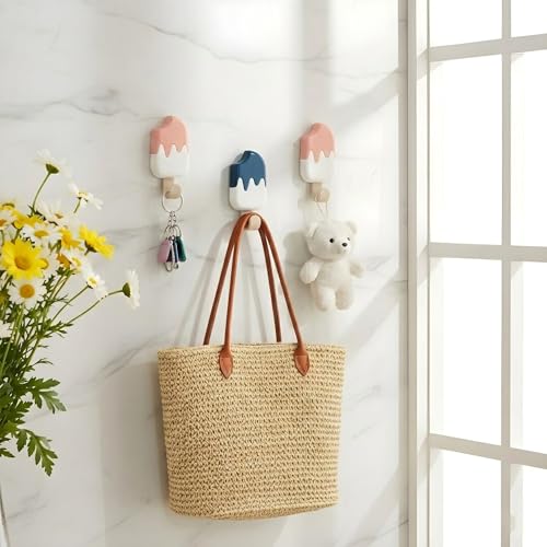 GOMARO 6 Pack Cute Wall Hooks Ice Cream Shape for Kids Room Colorful Adhesive Coat Hooks for Backpacks Keys Creative Towel Hangers Kids Bathroom Decorative Kitchen Nursery Wall Mounted Organization