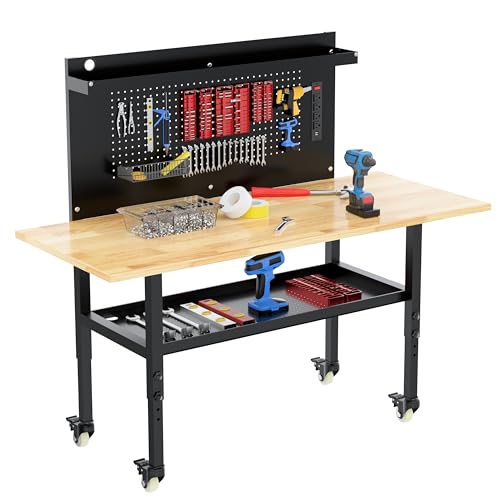 60" Heavy Duty Adjustable Workbench with Large Pegboard& Partition, Adjustable Work Table with Power Outlets & Lockable Wheels, Rubber Wood Workstation for Garage, Workshop, Office, Home, Commercial - size: Large Pegboard /Power Outlets / Partition / 60"x