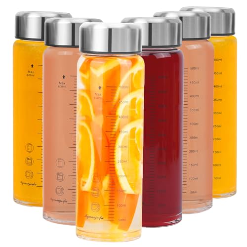 Glass Juice Bottles 6 Pack 20 oz - Wide Mouth Glass Water Bottles with Lids - for Juicing, Smoothies, Milk, Protein, BPA Free, Reusable, Stainless Steel Lids, Leak Proof, Shaker bottle (600 ml) - color: 6-Pack, size: 20 oz/600 ml