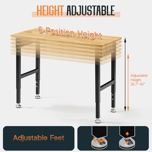 SPECRAFT Adjustable Heavy Duty Workbench with 4 AC Outlet and 2 USB Ports Power Outlets, 2000 Lbs Capacity, Rubber Wood Top for Garage, Workshop, Office - color: Black, size: Standard/44"x20"