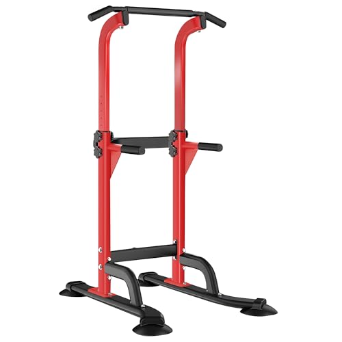 SogesHome Power Tower Pull Up Bar and Dip Station, Height Adjustable Dip Stand Exercise Machine for Home Gym, Multi-Functional Free Standing Strength Training Fitness Workout Station - color: Red