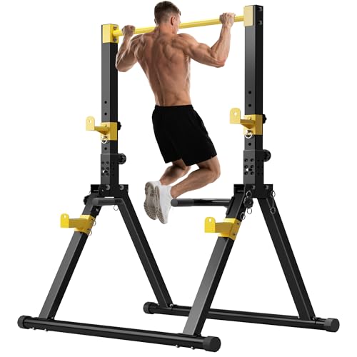 SogesHome Power Tower Dip Station Pull Up Bar for Home Gym, Adjustable & Foldable Multifunction Fitness Workout Station with Triangular Stability Design for Strength Training - color: Black Yellow