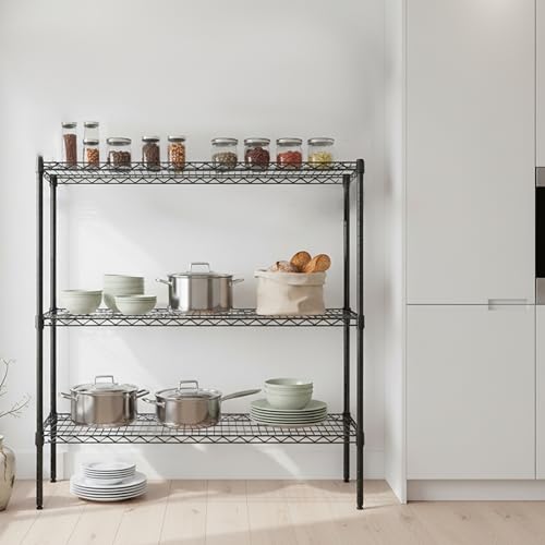 Heavy Duty Wire Shelving Unit, 3-Tier Metal Storage Rack, Boltless Assembly, 2100 lbs Capacity, Adjustable Shelves, 48" L x 18" D x 96" H, Black (Black, 2PCS-48 L x 18" D x 96" H) - size: 2PCS-48" L x 18" D x 96" H