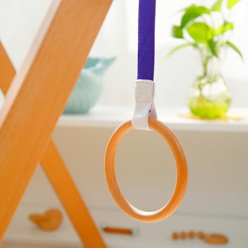 Baby Pull Ring, Wooden Activity Ring with Strap, Early Development Toy - color: Purple and Beech Wood