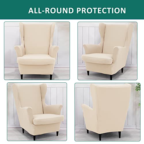 NILUOH Wingback Chair Cover 2-Piece Soft Stretch Wing Chair Slipcover Solid Color Armchair Sofa Couch Cover Furniture Protector with Elastic Bottom for Living Room Bedroom (Off-White) - color: Off-white