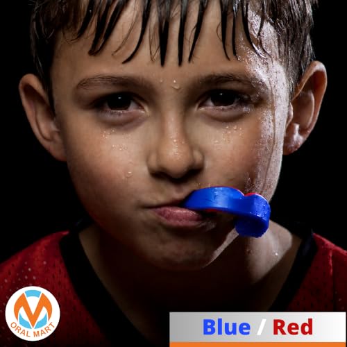 Oral Mart Youth Sports Mouth Guard for Kids (USA Flag, Fangs, 20+ Colors to Choose from) Mouthguard for Football, MMA, Karate, Boxing, Rugby, BJJ, Flag Football – /w Case (Youth, Strapless) - color: Blue / Red