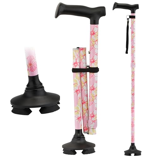 NOVA Foldable Quad Cane for Seniors, Self Standing Adjustable Walking Cane with Pivoting Quad Tip, Lightweight Collapsible Mobility Aid, Bonus Carry Pouch & Replacement Tips, Pink Floral - color: Pink Floral