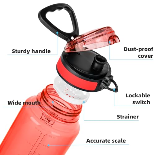 Fanhaw 32 Oz Clear Tritan Water Bottle, BPA-Free & Leak-Proof, Wide Mouth with Anti-dust Chug Lid, Reusable Plastic Bottle for Gym, Travel, School & Office, Back to School Essentials (Red) - color: Red, size: 32 Ounces