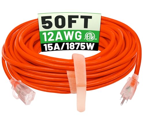 POWGRN 50 ft 12/3 Outdoor Extension Cord Waterproof Heavy Duty with Lighted Indicator End 12 Gauge 3 Prong, Flexible Cold-Resistant Long Power Cord Outside, 15Amp 1875W SJTW Orange ETL Listed - color: Orange, size: 50 FT