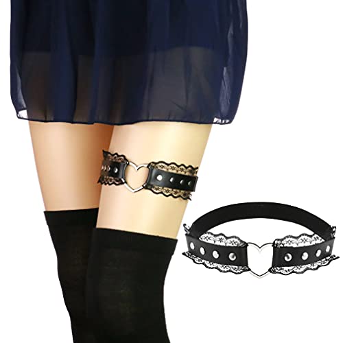 Adjustable Elastice 2 Rows Leather Leg Harness Garter Belt Punk Gothic Thigh Ring Garter - color: Black Lace With Heart