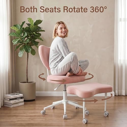 Cross Legged Office Chair with Wheels, 360 Swivel Height-Adjustable Meditation Chair with Lumbar Support, Pink - color: Pink, size: Heart Back with Rectangular Cushion