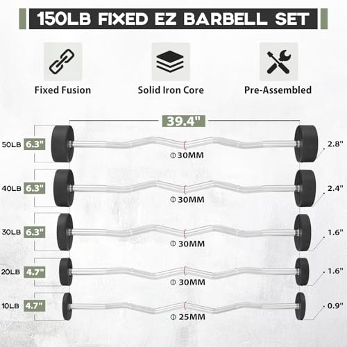 Mikolo Fixed Barbell, Pre-Loaded Weight EZ Curl Bar, PVC Barbell Weight Set for Strength Training and Weightlifting