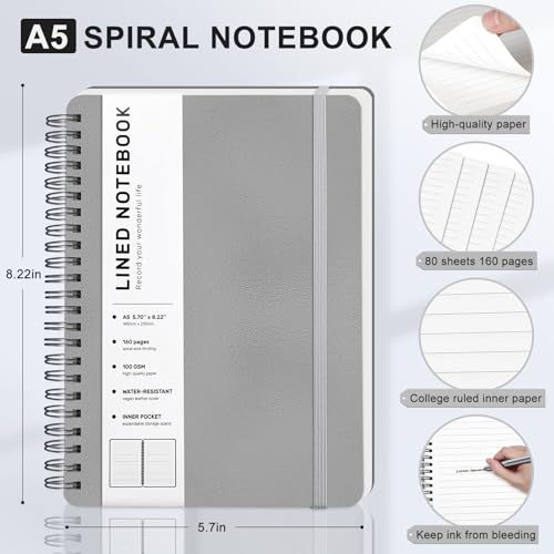 ABERLLS Lined Spiral Journal Notebook with 160 Pages, 8×5.7in, A5 Spiral Notebook, Journaling Notebooks for Work, School, Women, Men, College Ruled Spiral Notebook, Hardcover Leather Journals, Gray - color: Light Gray, size: A5