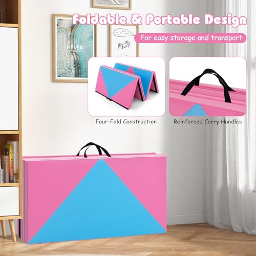 Goplus Gymnastics Mat, Folding Tumbling Mat with Carry Handles, Hook & Loop Fasteners, 4 Panels for Fitness Exercise Yoga Stretching Aerobics Workouts, Thick Gym Mats for Home - color: Blue&Pink
