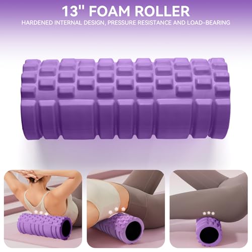 Krightlink 5 in1 Foam Roller Set, High Density Deep Tissue Massager for Muscle Massage, Massage Roller, Massage Ball, Resistance Band for Whole Body Physical Therapy Deep Muscle Massage (Purple) - color: Violet