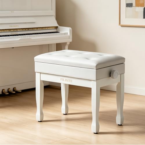 Adjustable Height Piano Bench Stool PU Leather Cushion Wooden Keyboard Seat with Music Storage (White) - color: White