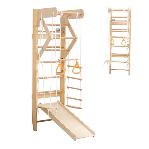 6-in-1 Swedish Ladder Wall Gym, Indoor Kids Playground with Swing, Rope Ladder, Pull-Up Bar, Slide, Gymnastic Rings, Wooden Wall Mounted Indoor Play Set for Kids & Adults (Style A)