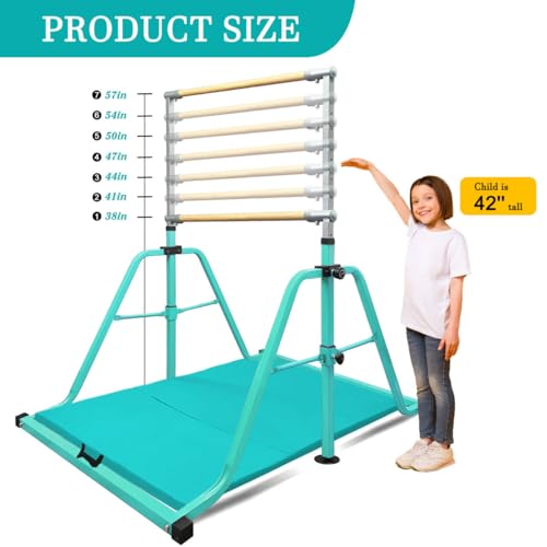 Foldable & Moveable Gymnastics Horizontal Bar with Rings,3’to 5’Adjustable Height Expandable Junior Kip Bar for Home,Indoor Gym Equipment for Kids - style: MAT-Teal with Rings