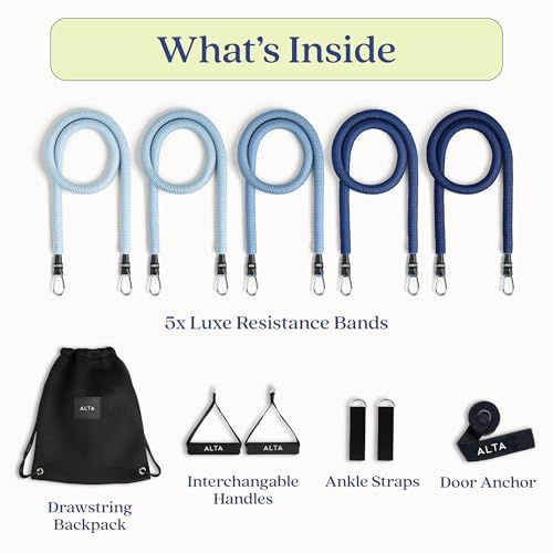ALTA Resistance Tube Bands for Women - Full Kit Resistance Bands for Working Out with Handles, Ankle Straps, Door Anchor – Home Workout Bands for Physical Therapy, Pilates Long Exercise Bands Set - color: Azure, size: 5 Band Set
