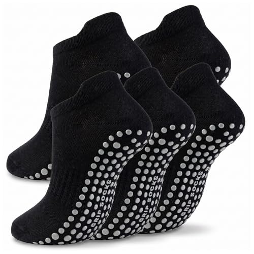 5 Pairs Pilates Socks with Grips for Women Non Slip Grip Yoga Crew Socks for Barre Hospital Barefoot - color: B - 5 Pairs Black