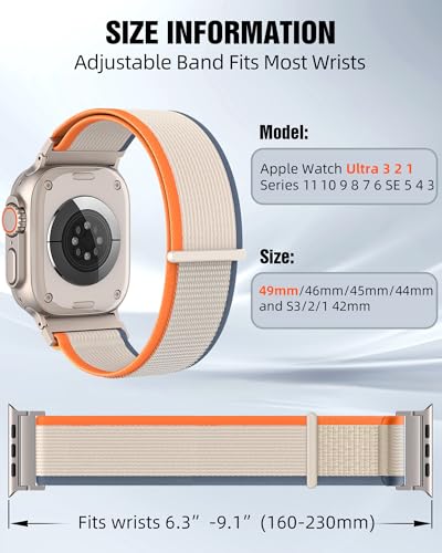 Trail Loop Nylon Sport Band Compatible with Apple Watch Ultra 3 2 Band for Men 49mm 46mm 45mm 44mm 42mm, Rugged Breathable Sport Adjustable Strap for iwatch bands Series 11/10/9/8/7/6/5/4, SE 3 2 1 - color: Orange Rice(Silver)