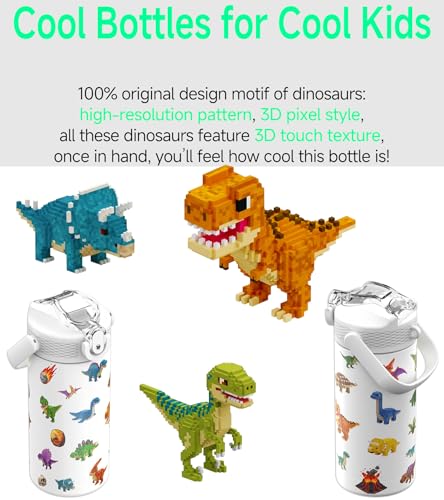 MYFOREST 14oz/400ml Insulated Kids Water Bottle, Odor-free Liner, 3D Touch | No Plastic Taste, Surgical Steel - No Chemical Leaching, Name Spot, Soft Sipper, Gift for Dino Fan, DinoCraft: Pixel - color: DinoCraft: Pixel
