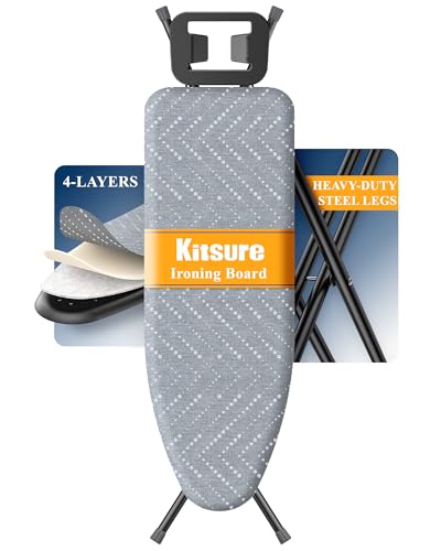 Kitsure Folding Ironing Board - Height Adjustable Iron Board in Full Size, Wobble-Free & Heavy-Duty Ironing Board with Cover and Pad for Heat Resistance, Grey, 43" L x 13" W x 35.8" H - color: Gray