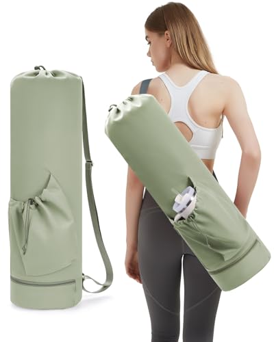 sportsnew Yoga Mat Bag with Water Bottle Pocket & Wet Pocket for Women | Yoga mat carrier fits 1/8"-3/8" yoga mats, quick-access multi-pocket organization, lightweight for gym, Pilates & studio - color: Sage Green, size: Large