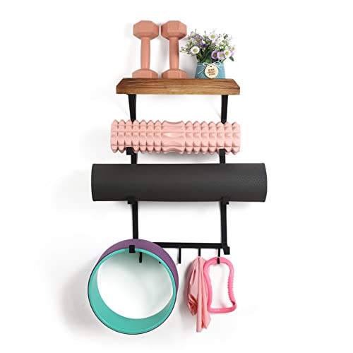 Yoga Mat Holder Wall Mount,17" x 28" Yoga Mat Rack Home Gym Accessories, Storage for Foam Roller, with Wood Floating Shelves and 5 Hooks for Hanging Yoga Strap and Resistance Bands - color: Carbonized Black