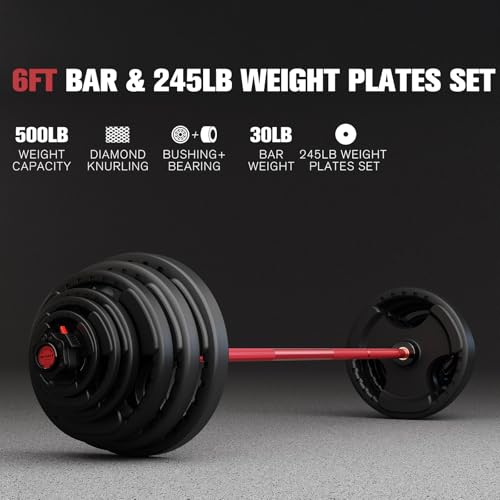RitFit Barbell Weight Set - 4/6FT Olympic Barbell with Weight Plates (55-115LB Total) - Weightlifting Equipment for Squats, Curls, Deadlifts, Presses, Hip Thrusts - color: Black/Red, size: 6FT With 245LB Plates