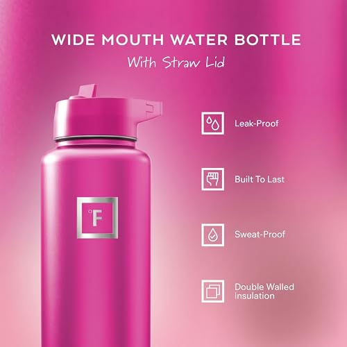 IRON °FLASK 40 oz Wide Mouth Water Bottle with Straw | Insulated Stainless Steel Sports Water Bottle with Leakproof Straw Lid - BPA Free, Cold 24 Hrs, Sweat Free (Pink Tulip) - color: Pink Tulip, style: Straw - 40 Oz (1 Lid)