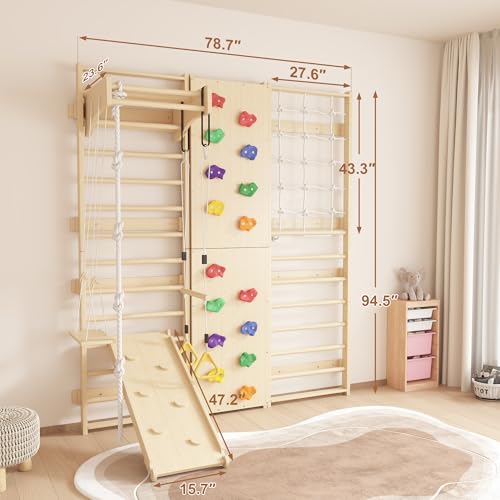 Cofiyard 9-in-1 Swedish Ladder Wall Gym & Climber, 94.5'' Wooden Wall-Mounted Climbing Set with Double-Sided Slide, Swing, Rope, Rings, Monkey Bars, Kids Indoor Playset, Wooden Climbing Jungle Gym