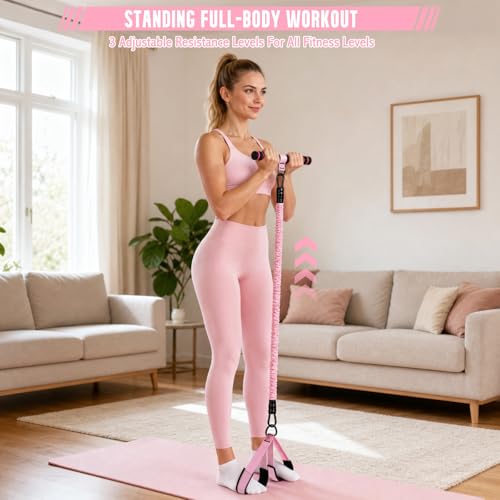 Pedal Resistance Band with Handle, 3-Level 30/40/50 Lbs Exercise Band Set with Foot Straps & Storage Bag, Portable Home Gym Equipment for Yoga Strength Training Full Body Workout - color: pink