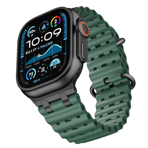 Ocean Silicone Sport Band - Compatible with Apple Watch Ultra 2/Ultra Bands 49mm 45mm 44mm for Men Women, Breathable Soft Waterproof Strap for iWatch Ultra 2, iWatch Ultra Series 10 46mm SE/9/8/7/6 - color: Ocean/Grass Green/Black