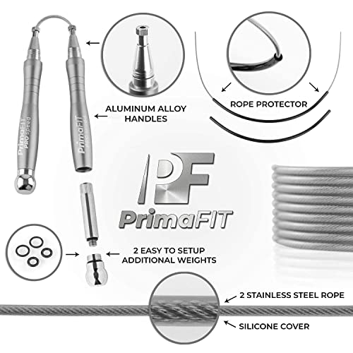PrimaFIT Pro Speed Jump Rope for Adults, Weighted Skipping Rope for Boxing | Adjustable Jumping Rope for Fitness Workout & CrossFit Exercise, Double Unders, Handle Weights, 3m Cables 2 Protectors, Bag - color: Silver