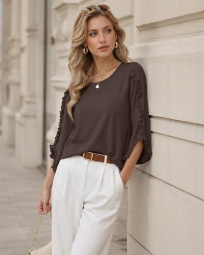 3/4 Length Sleeve Womens Tops Crewneck Ruffle Sleeve Shirts Dressy Casual Blouse Summer Fall Fashion Business Outfit - color: Coffee Brown, size: Small