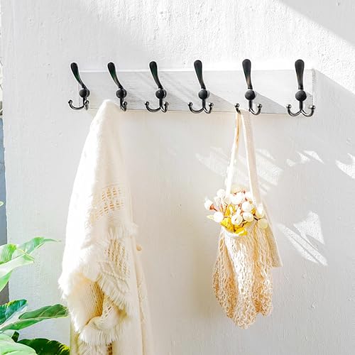 Dseap Coat Rack Wall Mounted - 24" Long 6 Tri Hooks, Heavy Duty Wooden Wall Coat Hanger Coat Hook for Clothes Hat Jacket Clothing, White and Black - color: White & Black, size: L=24"