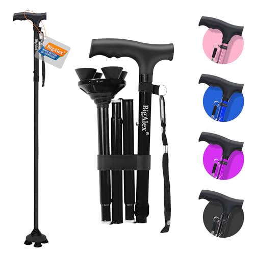 BigAlex Folding Walking Cane for Elderly Adjustable & Portable Walking Stick for Seniors,Pivoting Quad Base,Lightweight,Collapsible with Carrying Bag for Men/Woman - color: Black(4'9"-5'6")