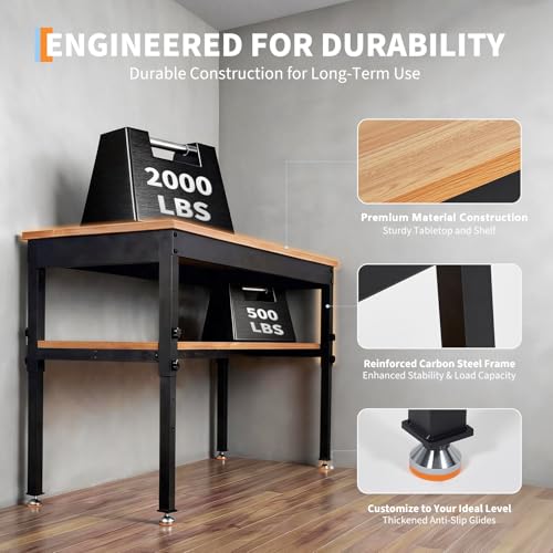 48" Work Bench with Storage Shelf, 2500 LBS Adjustable Height Workbench, 48" x 24" Work Benches for Garage, Tool Bench with Power Outlet for Workshop & Home