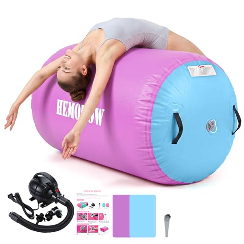 Inflatable Gymnastics Air Barrel Roller with Electric Pump, Heavy Duty PVC Tumbling Barrel Back Handspring Trainer, Air Tumble Track Mat for Home Gym, Cheerleading, Yoga Practice - color: Lavender & Sky Blue, size: 3.3'L x 2'D