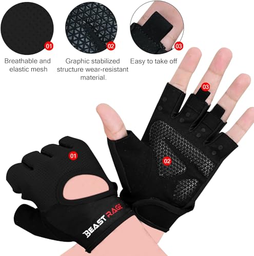 BEAST RAGE Workout Gloves for Men & Women - Fingerless Gym Gloves with Palm Protection, Breathable & Lightweight for Weightlifting, Cycling & Pull Up - color: Black, size: Medium
