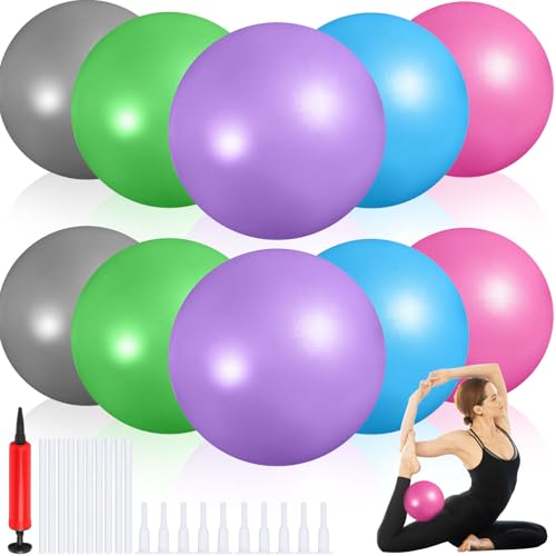 Aoriher 10 Pack 9 Inch Small Pilates Ball Bulk Mini Exercise Ball Portable Non-Slip Workout Yoga Balls with Air Pump for Stability, Barre, Fitness, Balance, Physical &Core, Gym Home Office Use - color: Multicolor