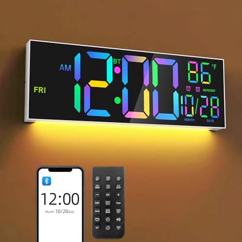 16.5" Digital Wall Clock with Bluetooth Auto-Sync, Large LED Display, Smart Auto Dimming, DST, Remote Control, Night Light, Date & Temperature for Living Room, Gym, Office, White - color: White-multicolor