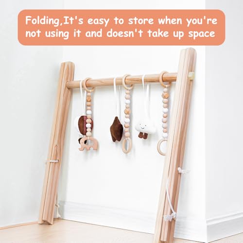 Wooden Baby Play Gym Play Mat Foldable with 6 Hanging Toys for Shower Gift | Baby Activity Frame Natural Pine Wood with 6 Sensory Toys Foldable Montessori Baby Gym with Cotton Mat Newborn Shower Gift