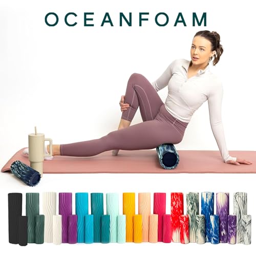 Oceanfoam Ripple Travel Foam Roller (11" x 3.35") Firm Mini Foam Roller for Physical Therapy, Deep Tissue Massage, Back Pain - High Density, Wave Textured - Yoga (Dark Navy, Hunter & Seafoam Marbled) - color: Dark Navy, Hunter & Seafoam Marbled