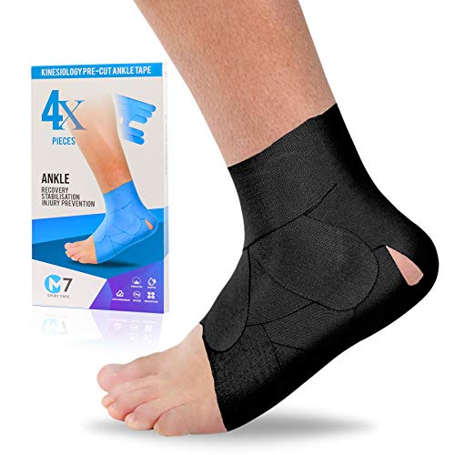 M7 Sport Kinesiology Tape for Ankle Sprain and Stability, Kt Tape for Ankle, Pain Relief Therapeutic Tape, Plantar Fasciitis, Waterproof, Eases Swelling (Black, 4-Pack) - color: Black