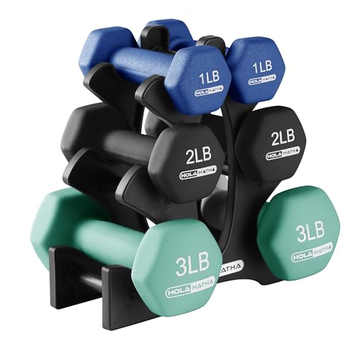 HolaHatha 1, 2 and 3 lb Neoprene Dumbbell Strength Training Weight Set with Rack - color: Blues, size: 12 LB